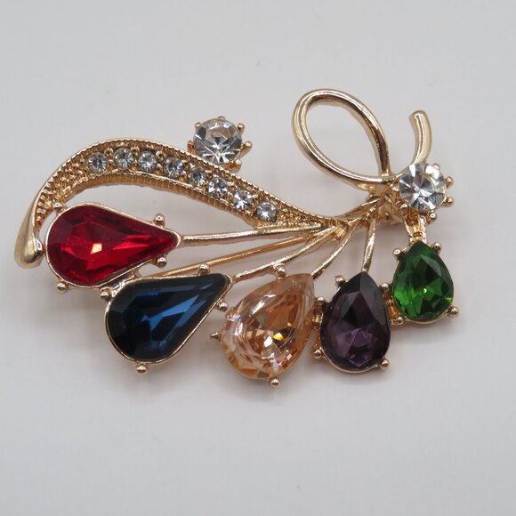 Multi Color Rhinestone Gold Tone Brooch - Picture 3 of 6